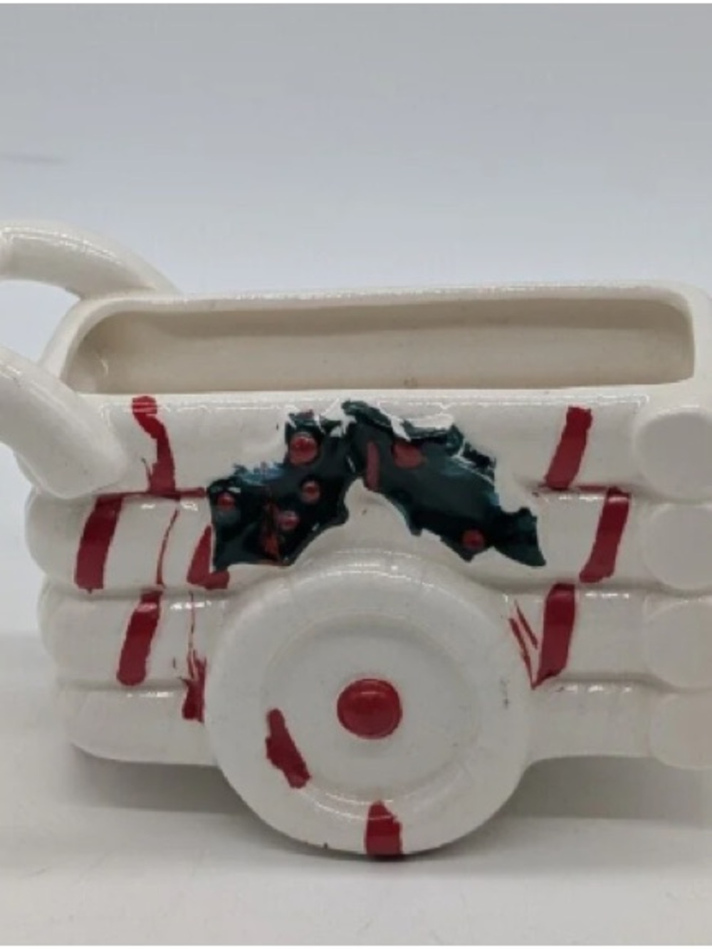White Ceramic Holiday Wagon Planter with Red Stripes and Green Holly Accent